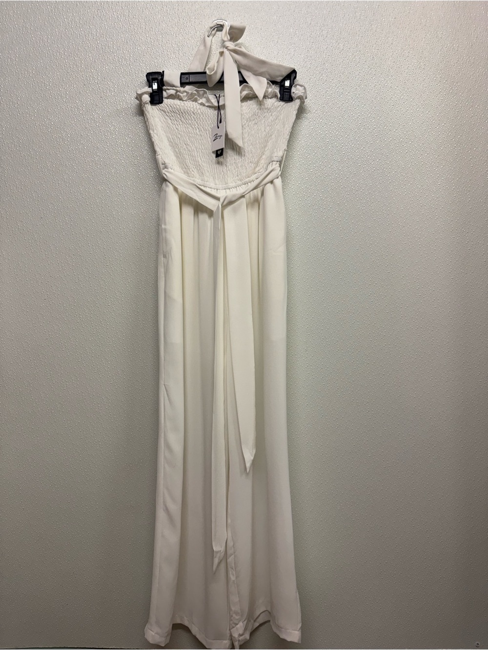 Zexxxy Ivory Strapless Wide-Leg Jumpsuit with Tie